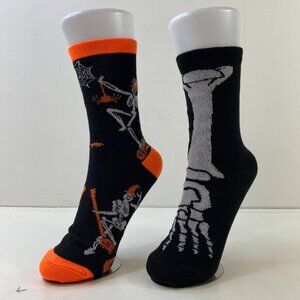 Womens Crew Socks Set 2 Halloween Skeletons Spiders Webs Black Orange White